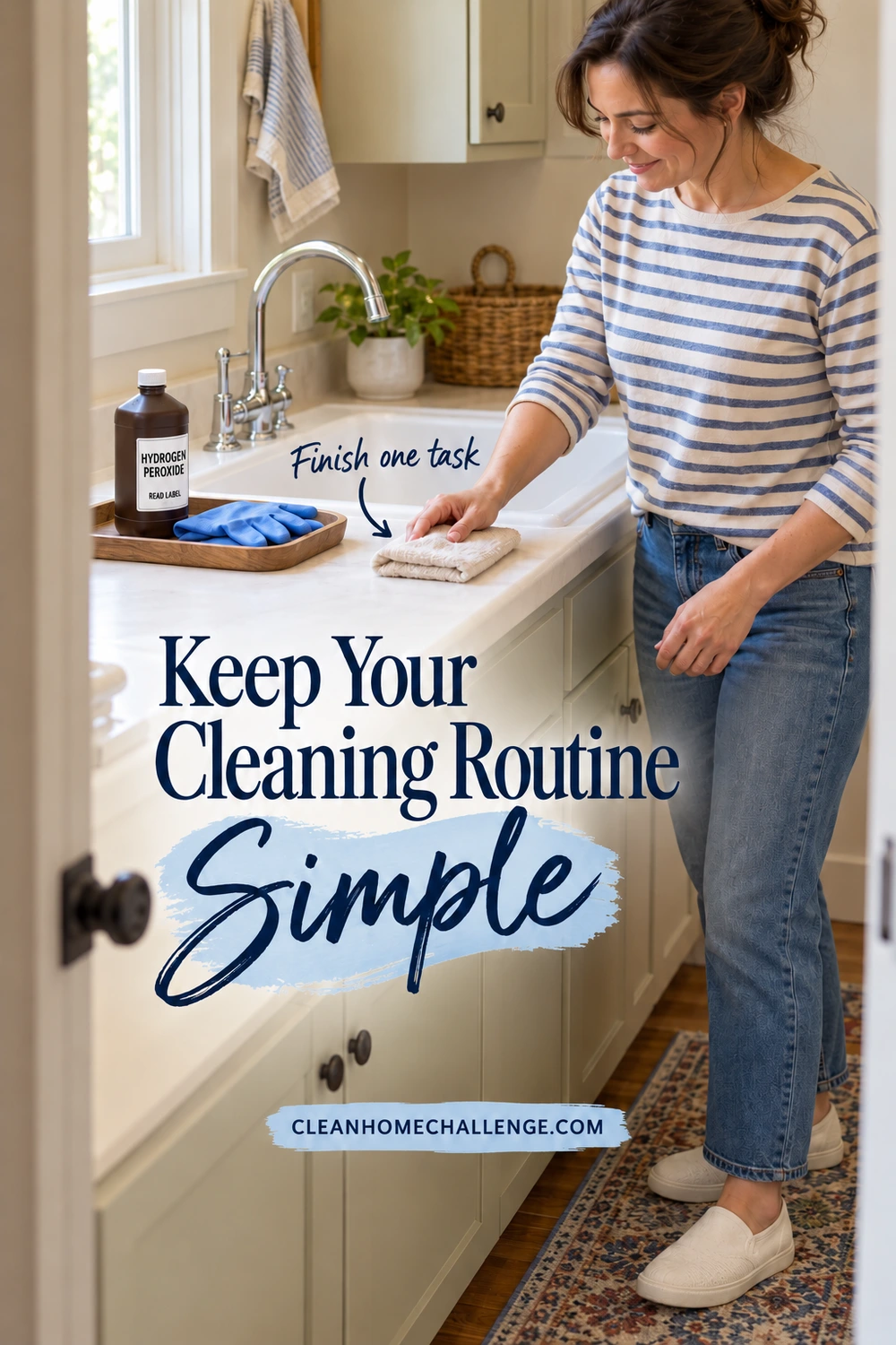 A woman in a striped shirt sets a folded cloth beside a utility sink. A capped brown peroxide bottle and blue gloves sit on a tray, while a Finish one task arrow points to the cloth above the large Simple headline.