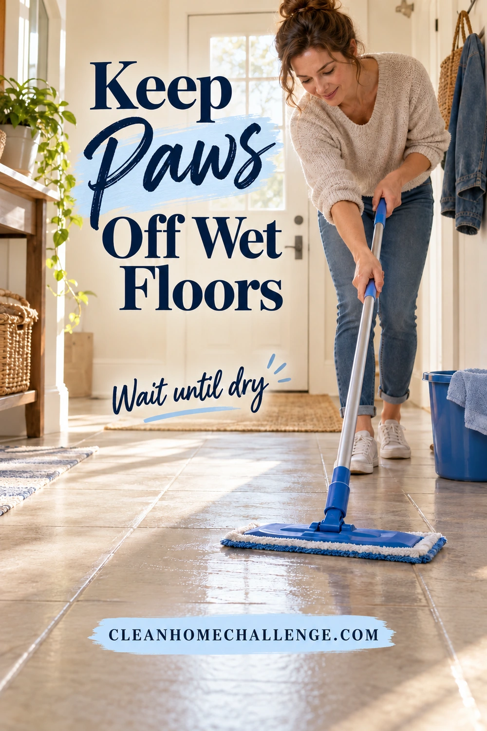 Woman in a cream sweater using a blue flat mop on a damp tile floor beside a closed door, with a bucket nearby.