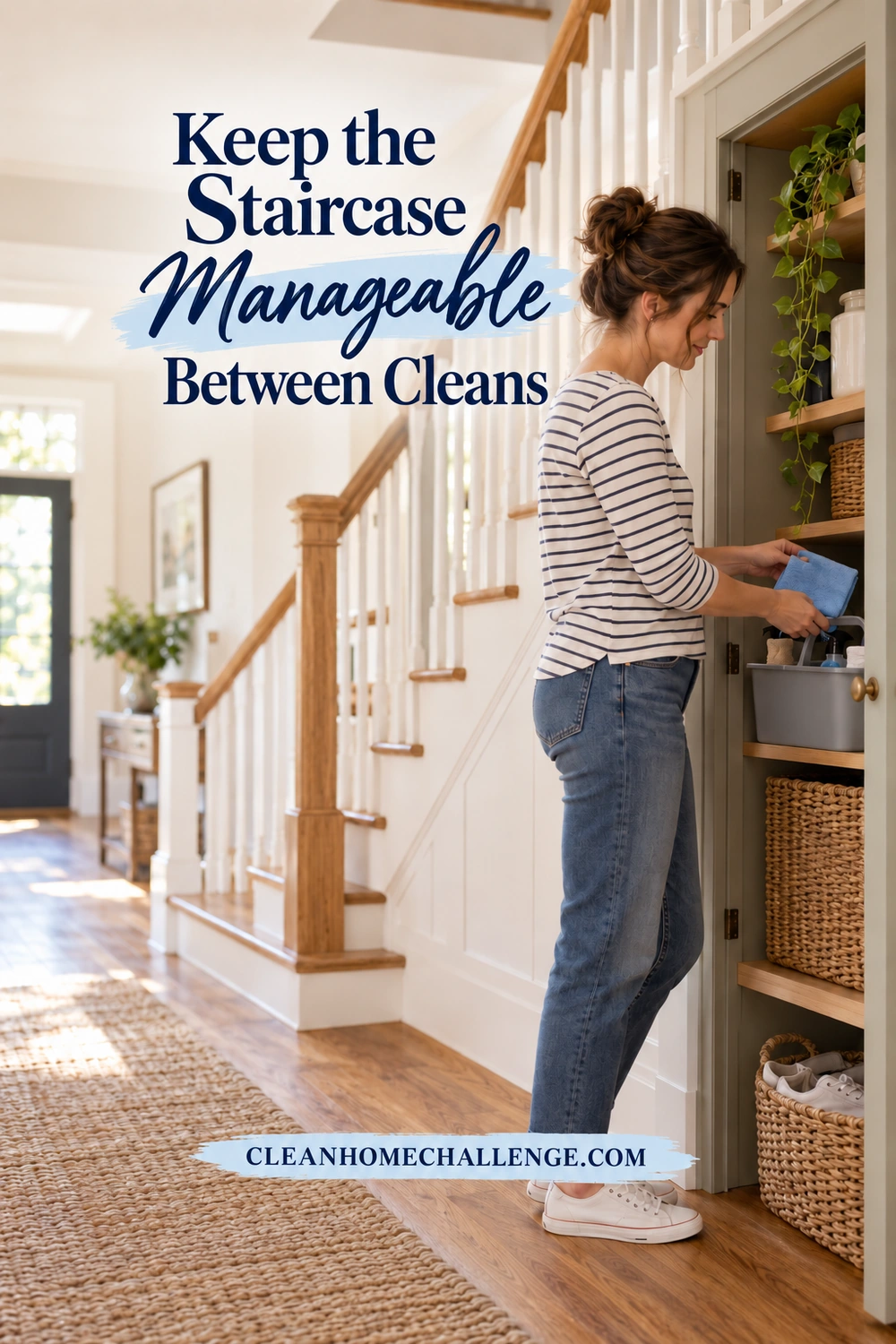 A woman puts a folded blue cloth into a cleaning caddy inside a hallway cupboard beside a clear staircase.