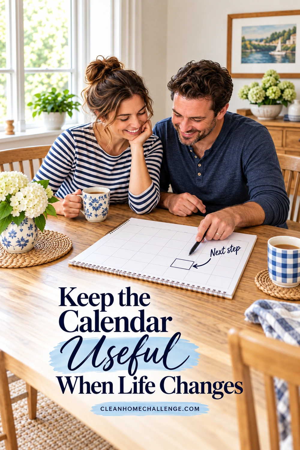 Two adults review a monthly cleaning plan together at a dining table.