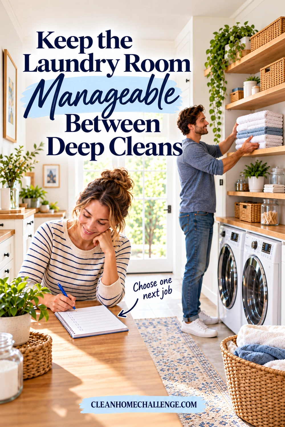 A woman checks a laundry checklist while a man puts folded white and blue towels on a clean shelf.