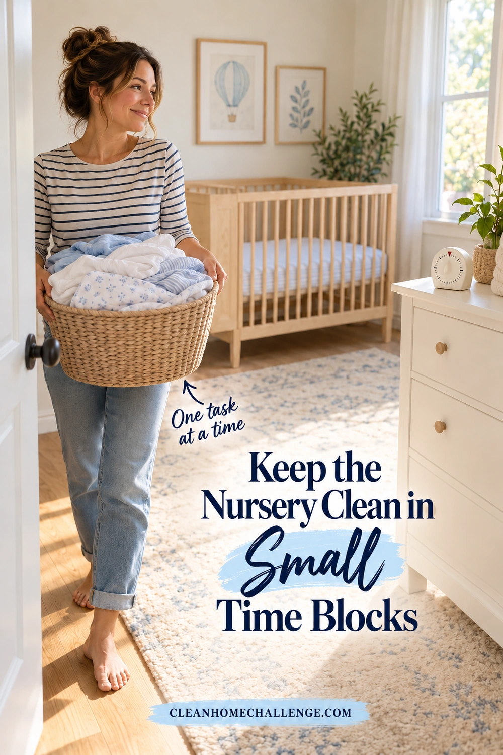 A woman holds a laundry basket in a nursery doorway, with an empty fitted-sheet crib and a small timer on the dresser.