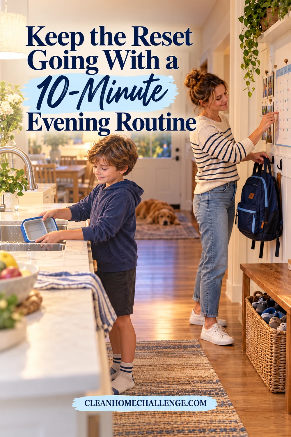 A mother updates the family calendar while her son rinses a lunch container in a warm evening kitchen.