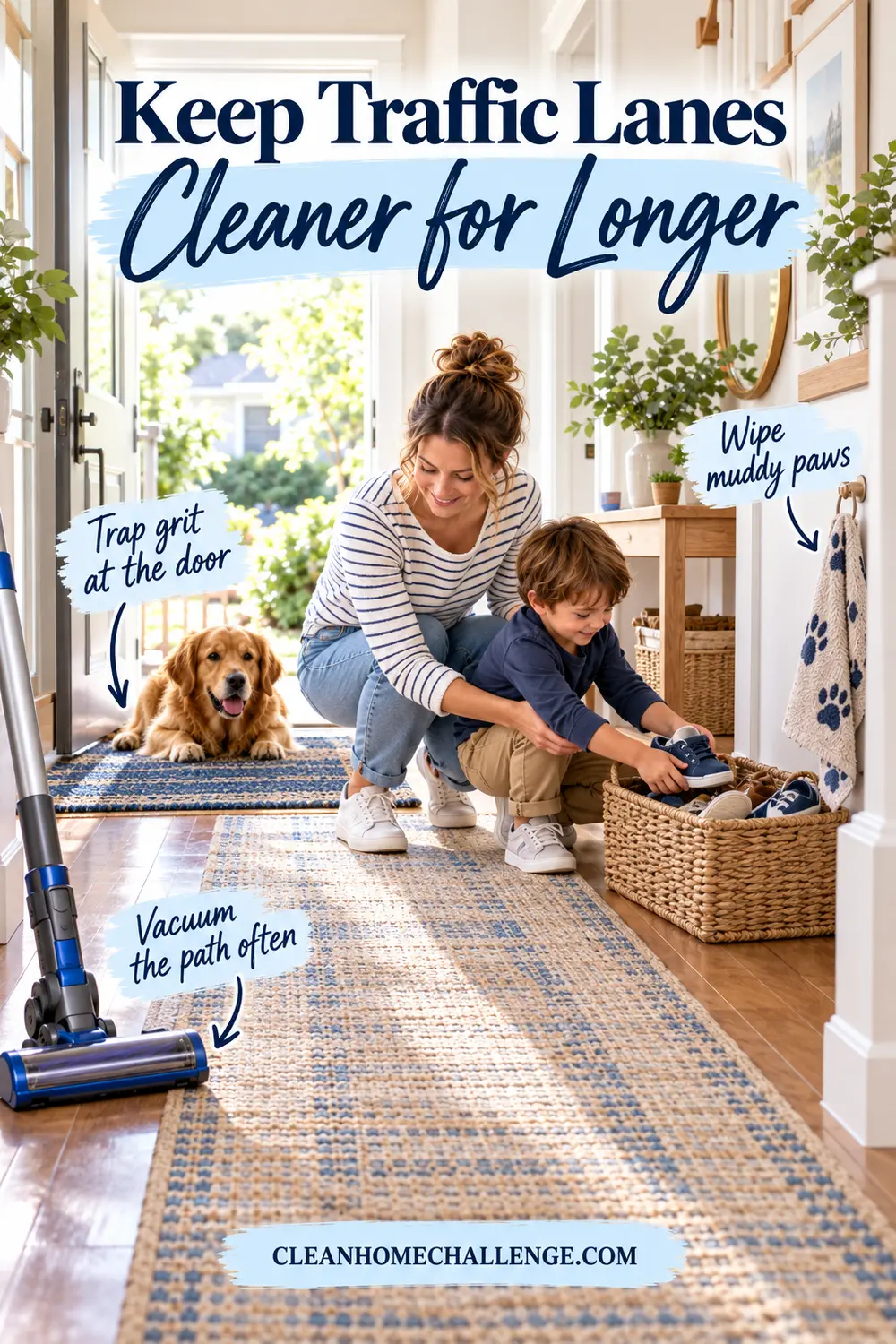Family managing shoes and muddy paws at an entryway with mats and a vacuum ready nearby.