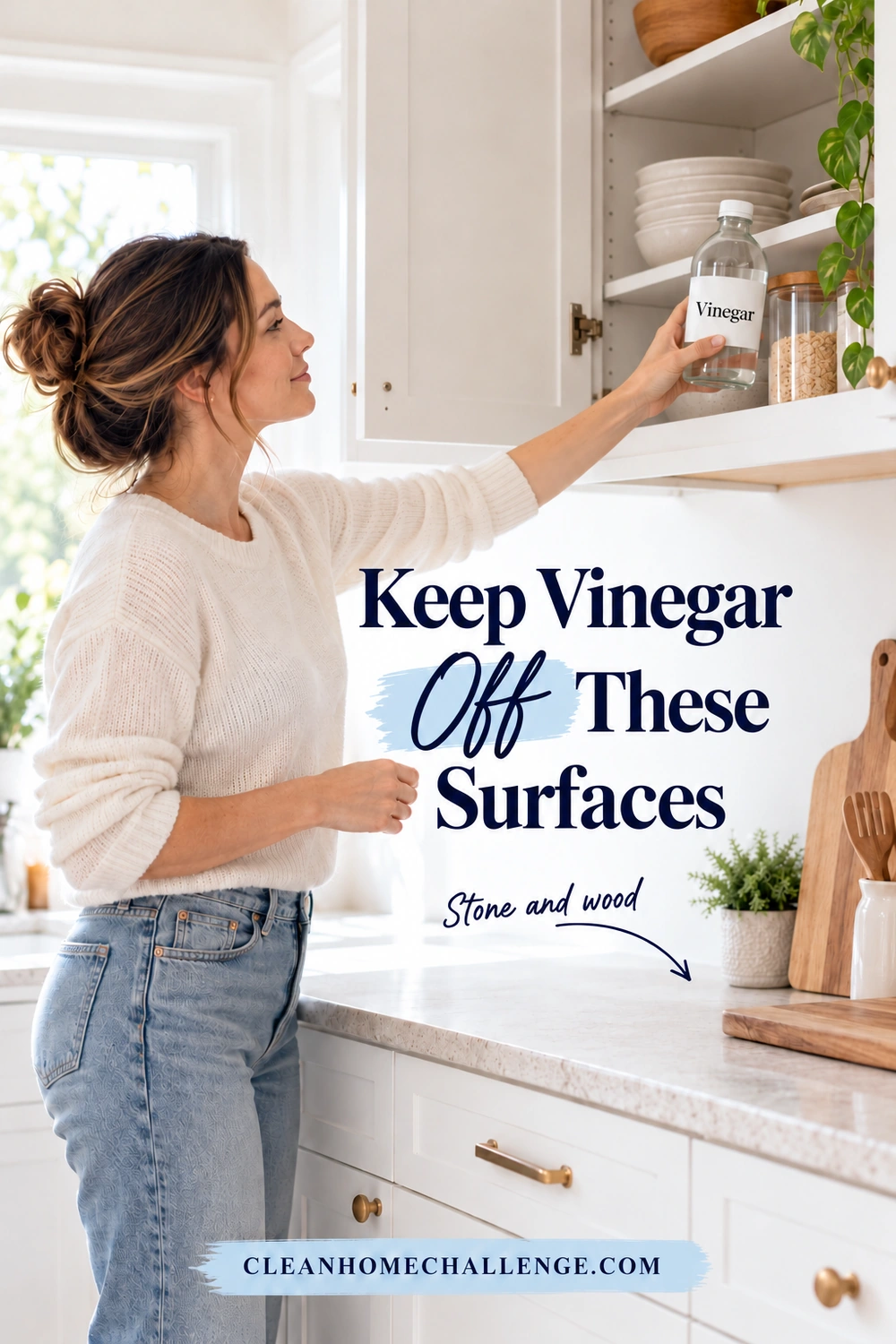 Woman holds a capped Vinegar bottle near an open upper cabinet above an untouched stone counter and wooden cutting boards.