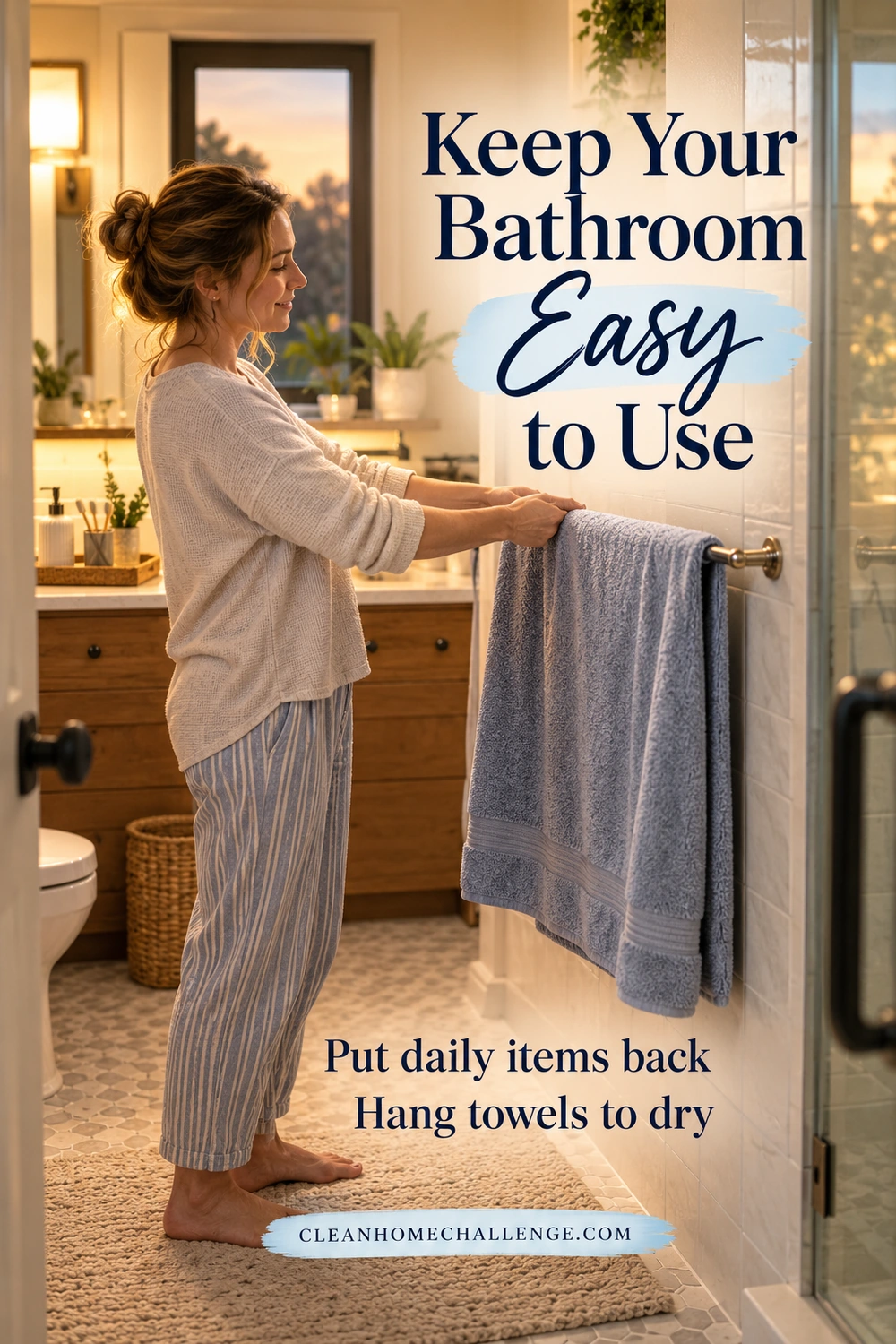 Woman spreads a blue towel across a bathroom rail in warm evening light, with a small toiletries tray on the vanity behind her.