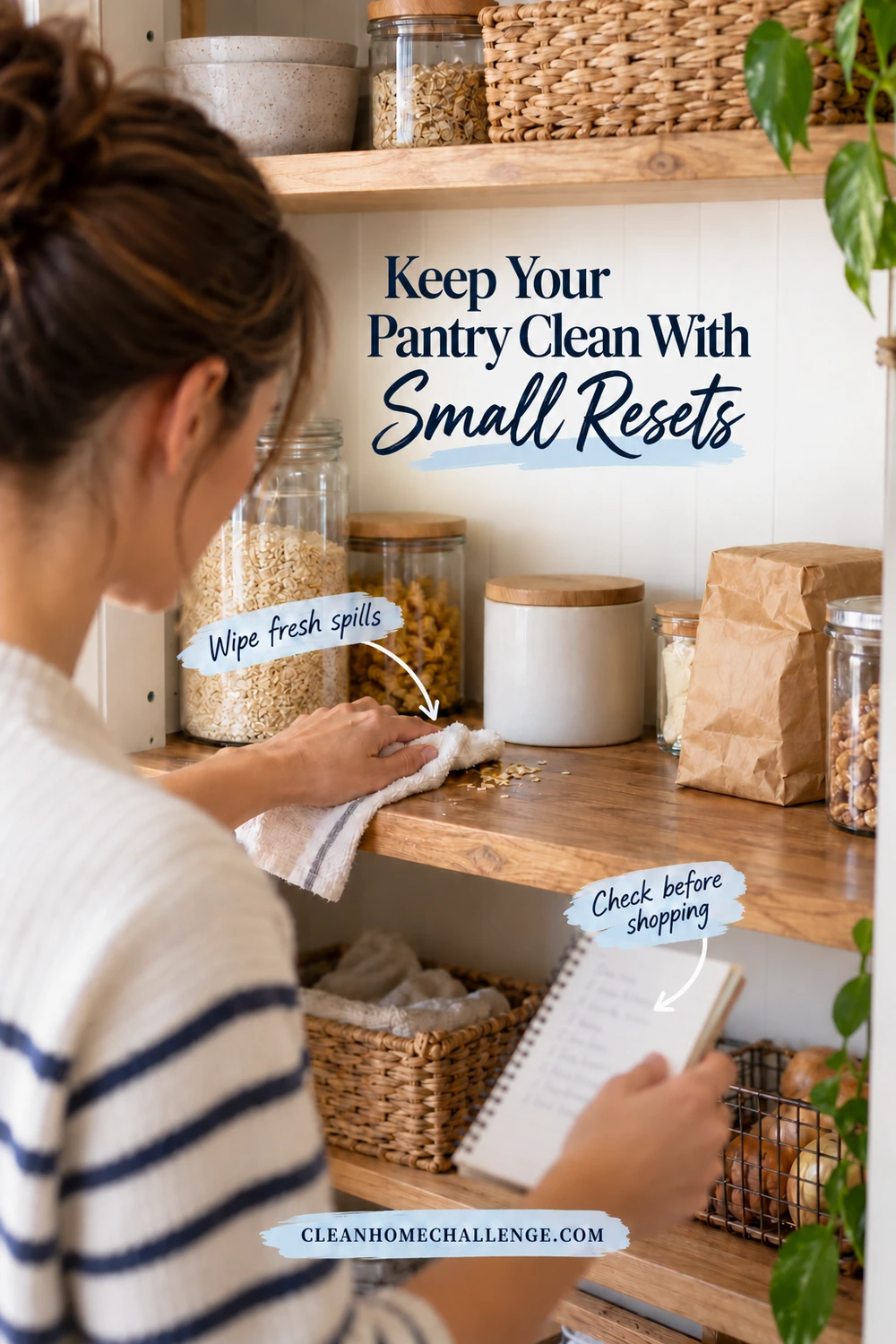 An adult wipes a small spill from the front of a pantry shelf while holding a shopping notebook beside grouped sealed food packages.