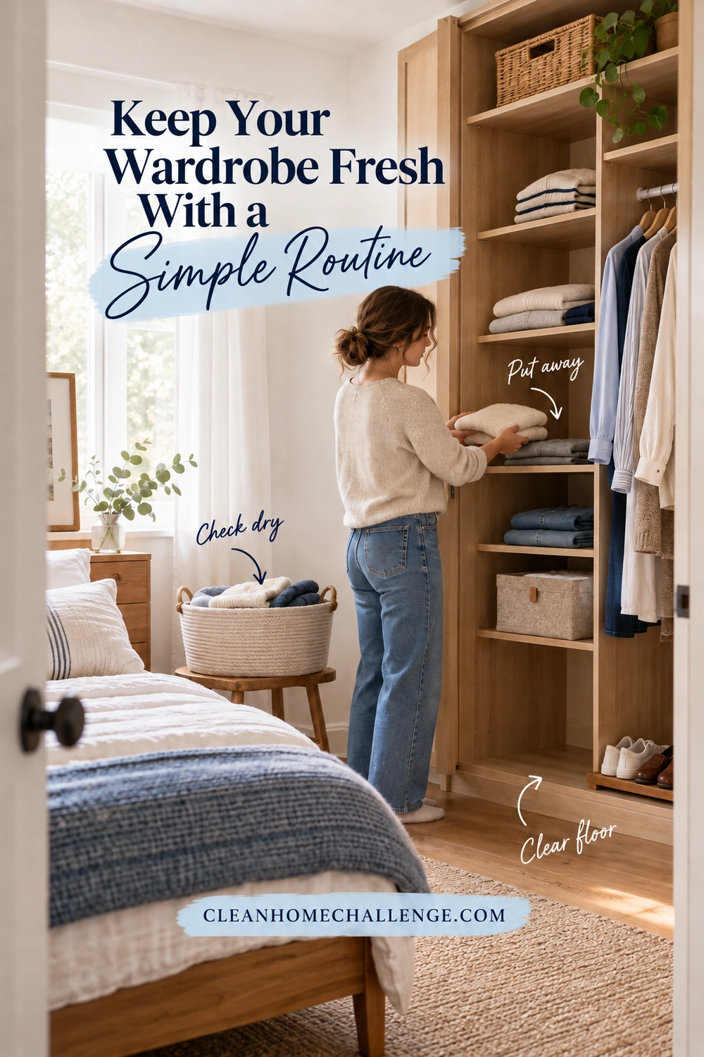 A woman returns folded clothing to an open wardrobe beside a laundry basket on a stool; three arrows mark checking dryness, putting away clothes, and clearing the floor.