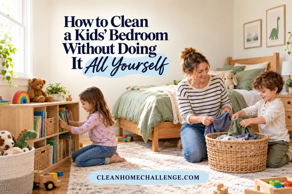 A mother in a striped shirt and a boy sort clothing into a wicker basket while a girl returns books to a low shelf; a wooden bed with green bedding is behind them. The article title and CLEANHOMECHALLENGE.COM footer appear over the scene.