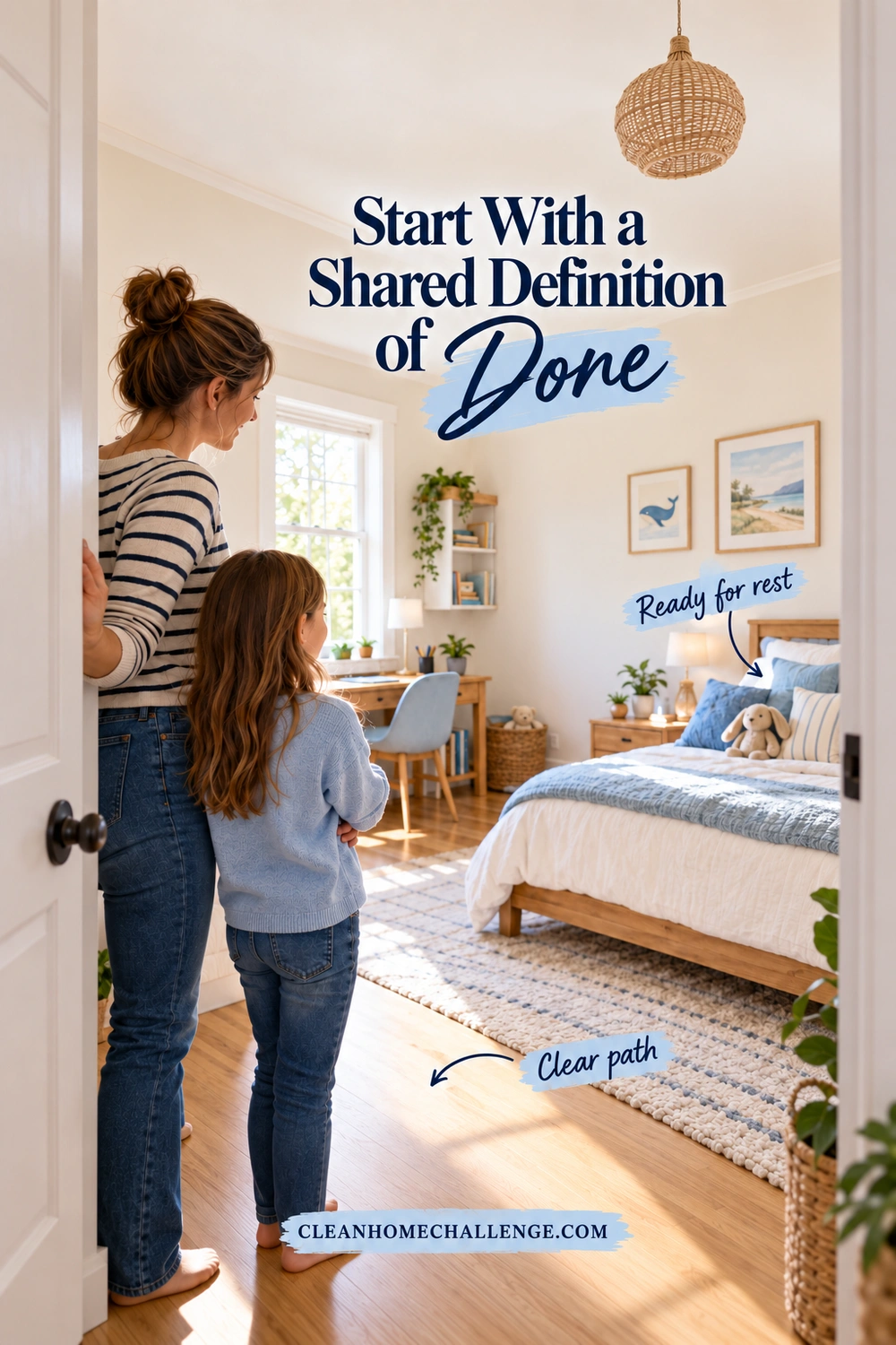 A mother and girl stand in a doorway looking at a made bed, desk, and clear floor. Arrows label the walking path and bed beneath Start With a Shared Definition of Done.