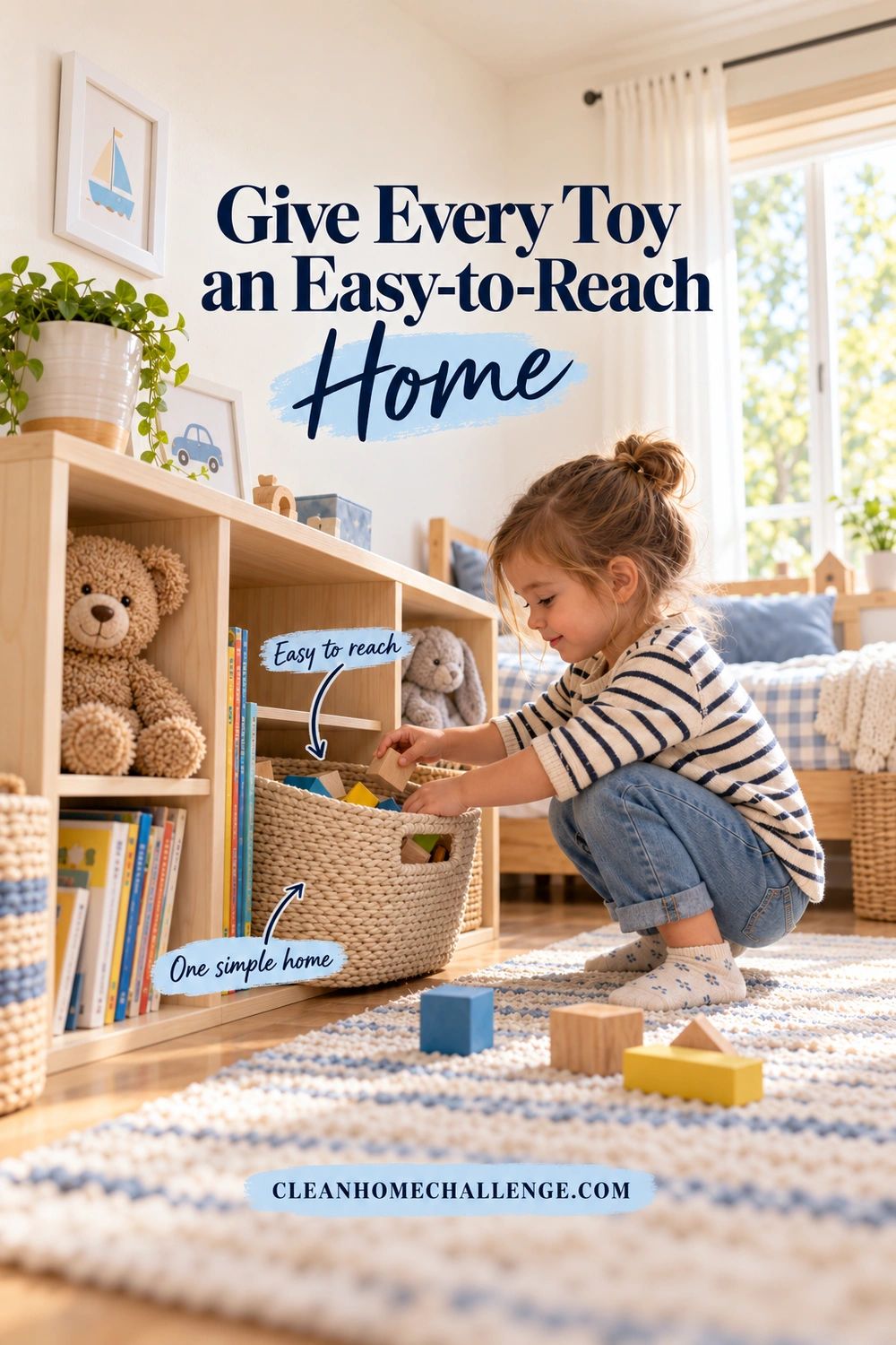 A girl crouches beside low wooden cubbies and returns blocks to an open woven basket, with books and stuffed animals in neighboring spaces, beneath Give Every Toy an Easy-to-Reach Home.