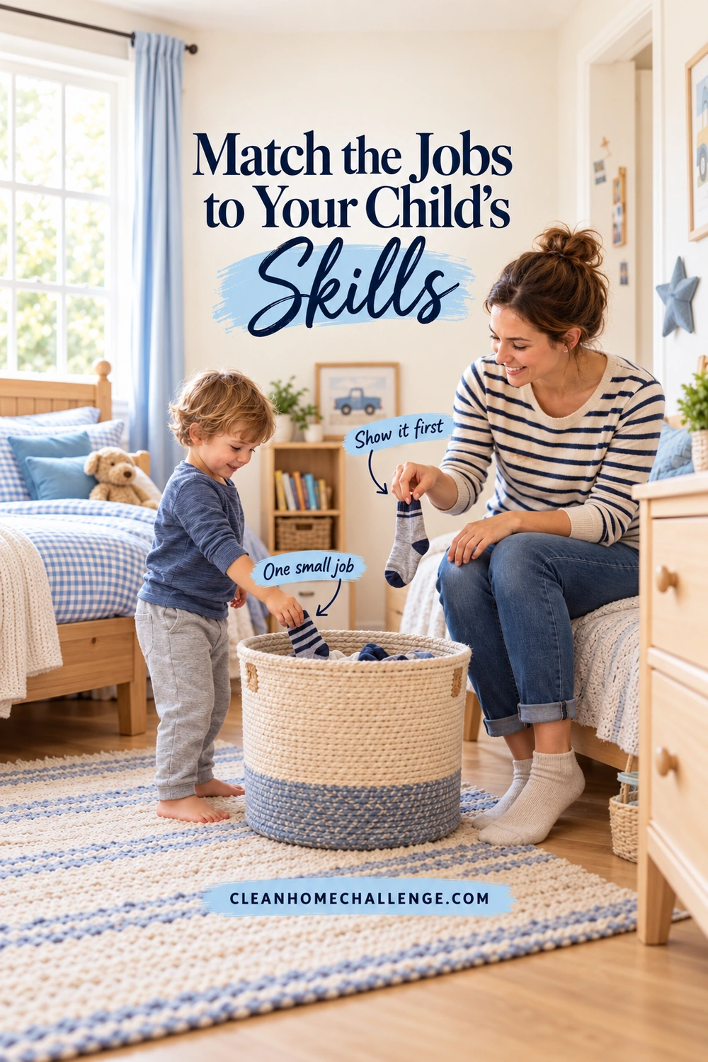 A young boy places a sock in a floor-level hamper while his seated mother demonstrates with another sock, beneath Match the Jobs to Your Child's Skills.