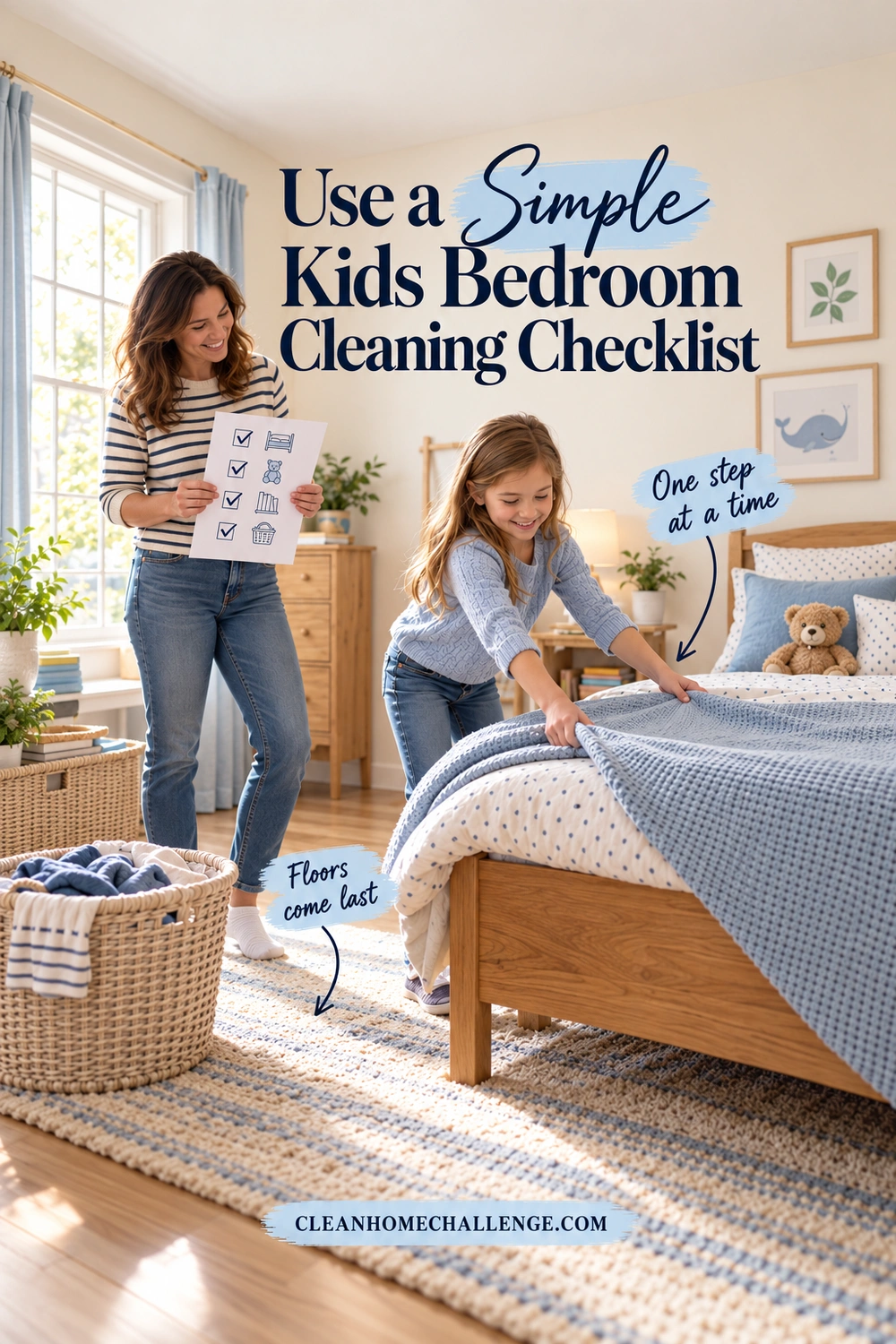 A girl smooths a blue bed blanket while her mother holds a pictogram checklist beside a laundry basket, beneath Use a Simple Kids Bedroom Cleaning Checklist.