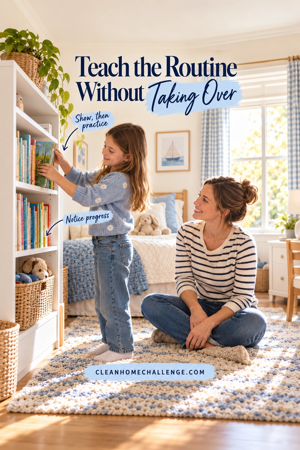 A girl places a book on a shelf while her mother sits on the rug watching, beneath Teach the Routine Without Taking Over.