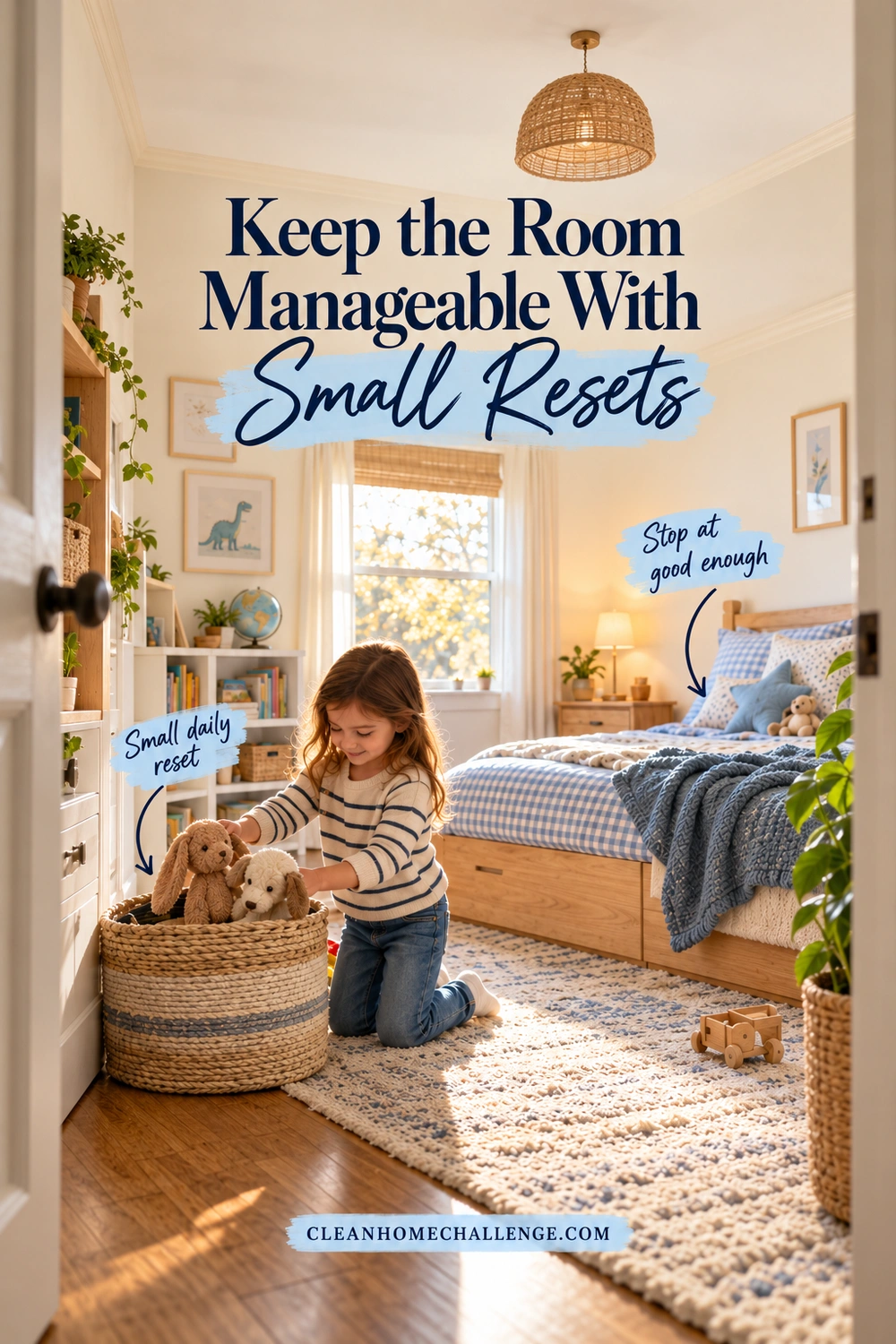 A girl kneels beside an open basket and returns two stuffed animals in a bedroom with a usable bed, beneath Keep the Room Manageable With Small Resets.