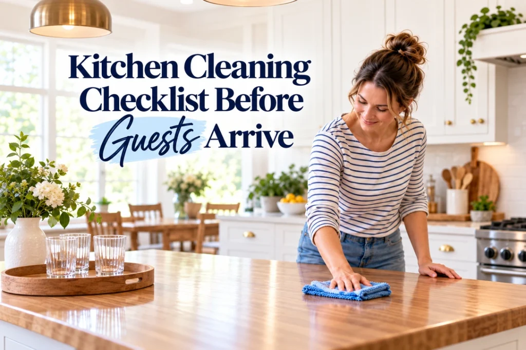 A woman wipes a wood kitchen island with a blue cloth beside clean glasses on a tray.