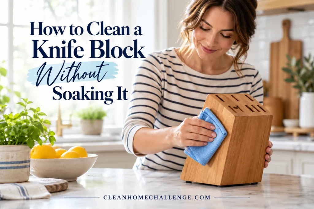 A woman wipes the outside of an empty wooden knife block with a blue cloth in a bright kitchen.