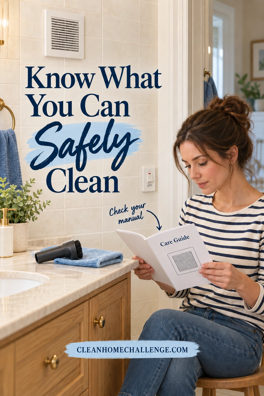 A woman reads a fan care guide beside a closed wall-mounted bathroom exhaust fan, a vacuum brush attachment, and a blue cloth.
