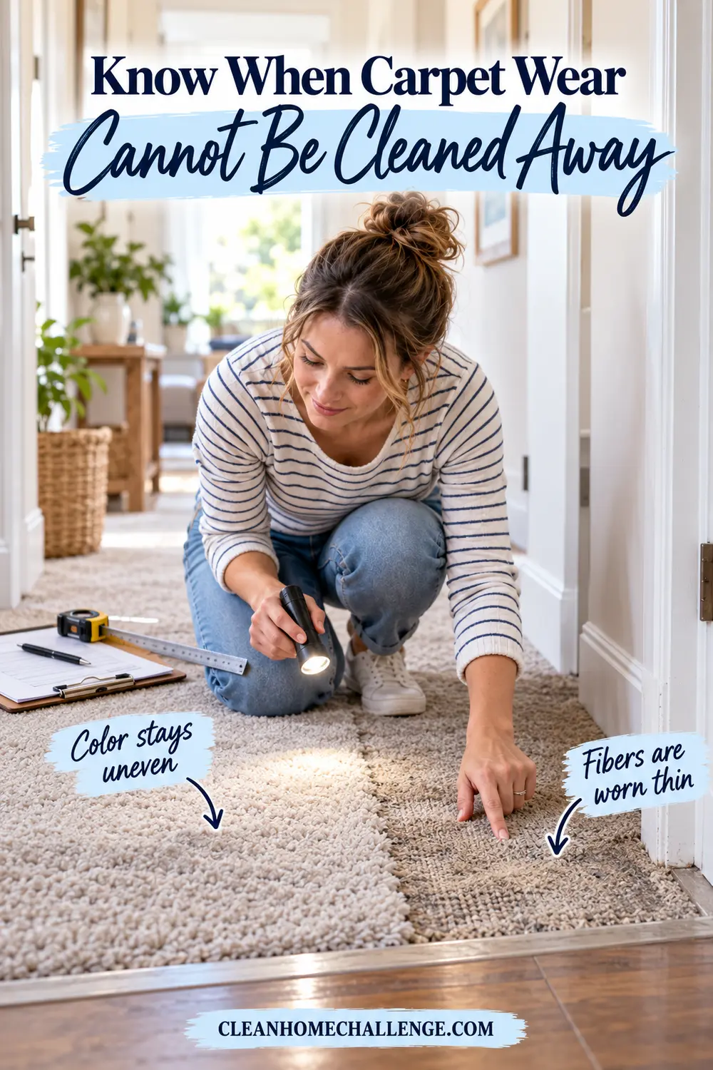 Woman using a flashlight to compare a clean carpet area with a thin worn traffic path at a doorway.