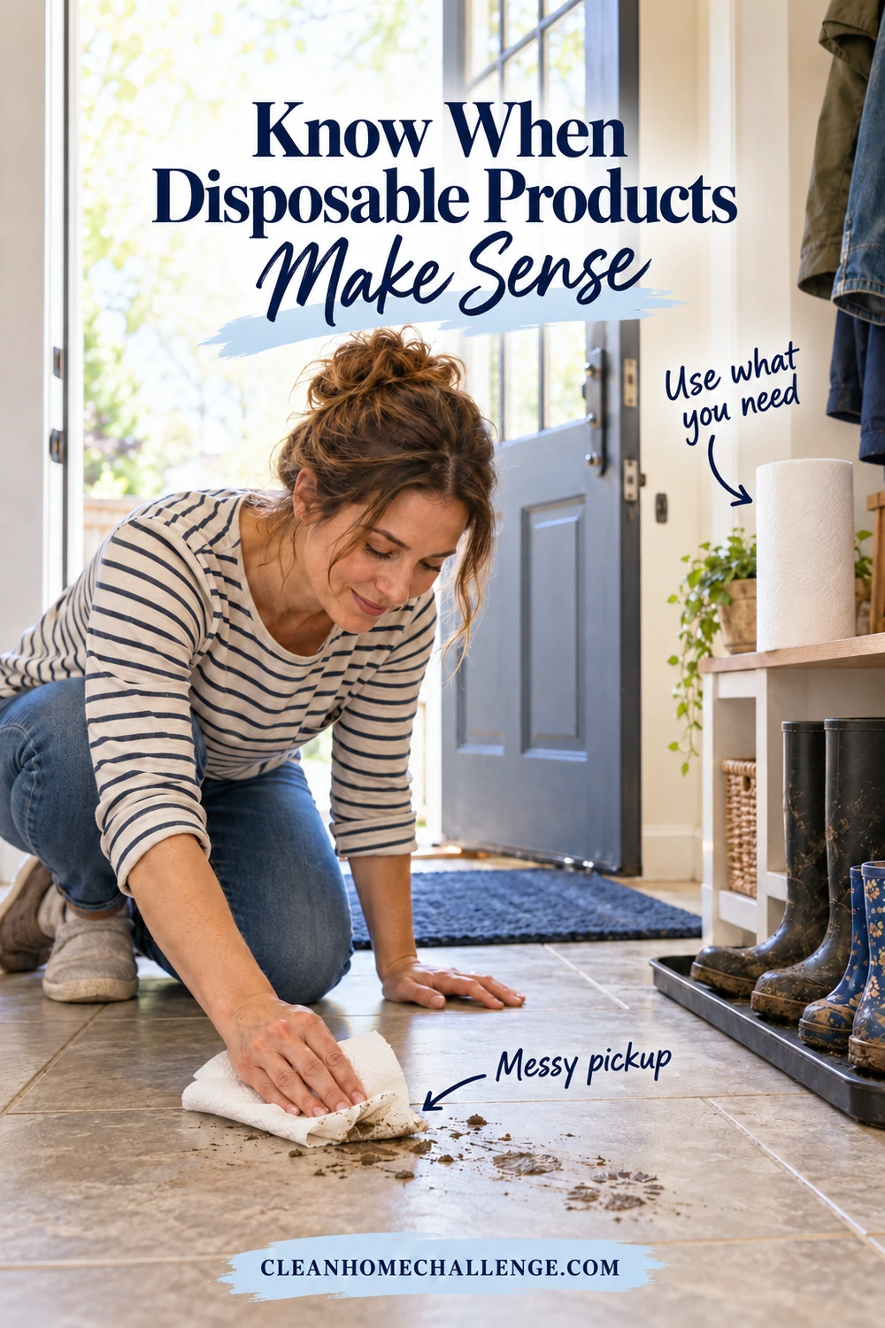 A woman uses paper towels to pick up mud from a tiled entryway beside a tray of boots. The headline reads Know When Disposable Products Make Sense.