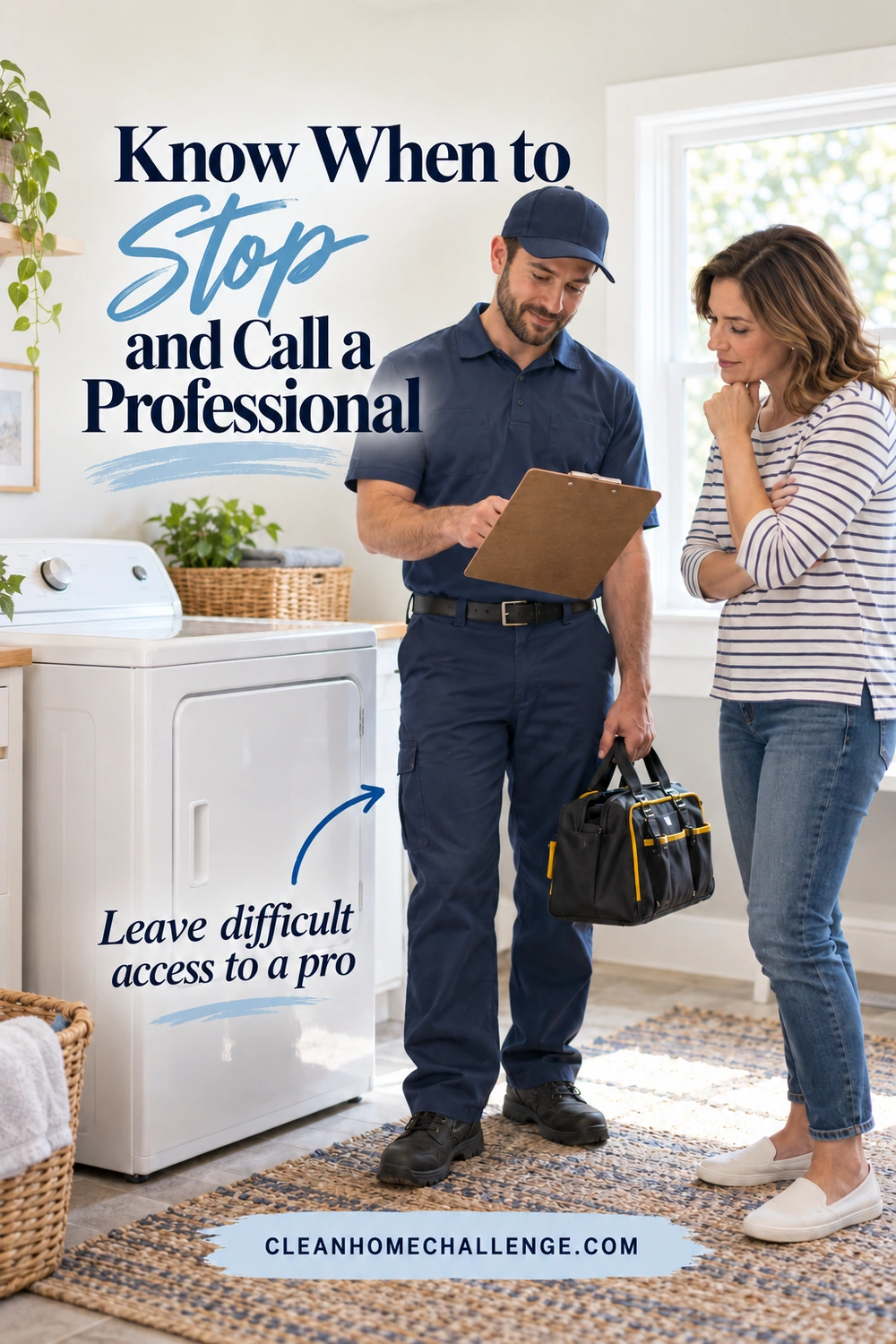 An appliance technician holds a clipboard and tool bag while discussing a closed dryer with the homeowner.
