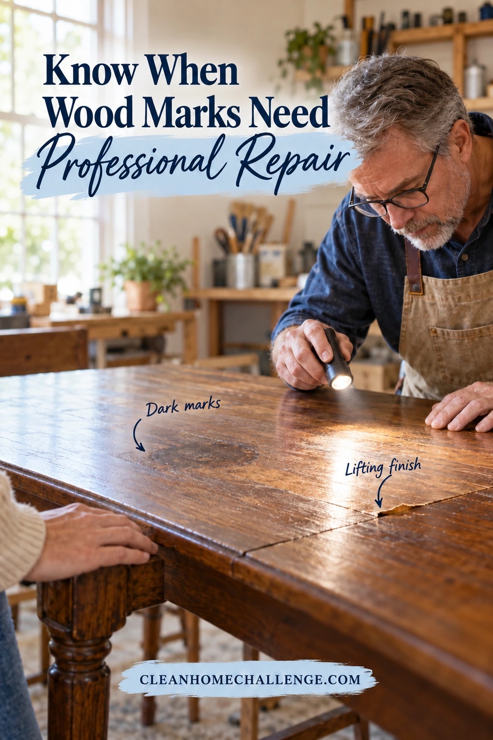 A furniture repairer uses an inspection light to examine a dark mark and lifting surface on an old wood table.
