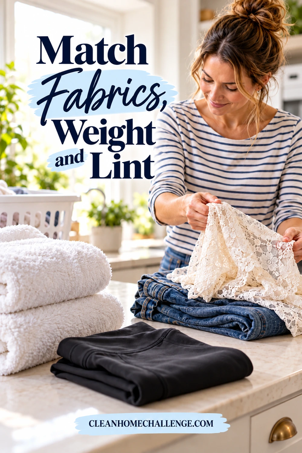 A woman examines cream lace beside separate stacks of white towels, blue jeans and smooth black leggings.
