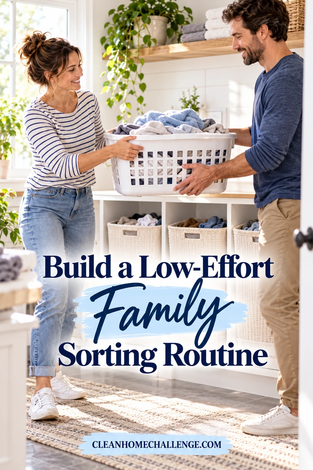 A woman in a striped shirt and a man in a blue shirt share a full laundry basket beside storage cubbies.