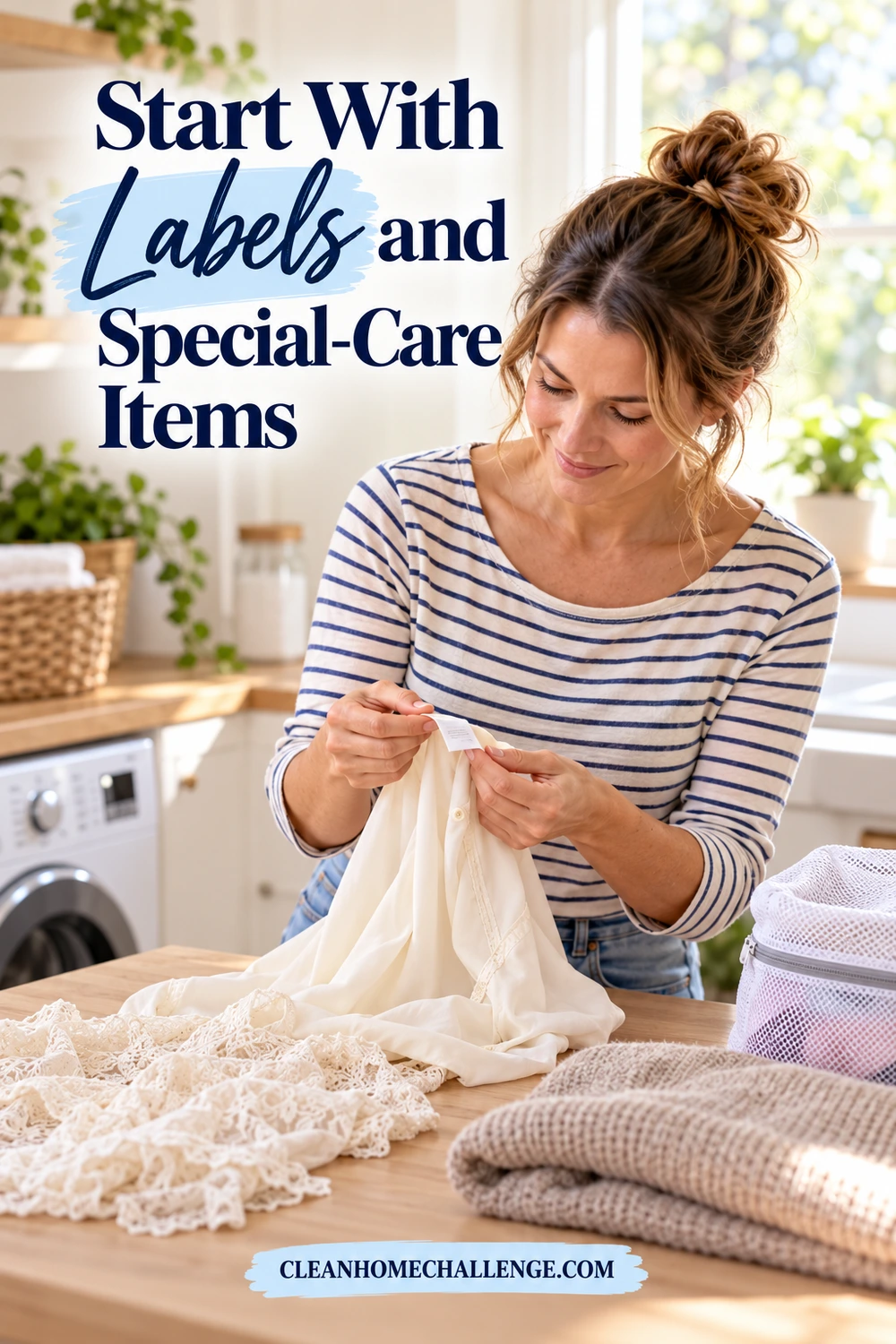 A woman examines the care label of a cream garment beside a mesh laundry bag and folded knitwear.