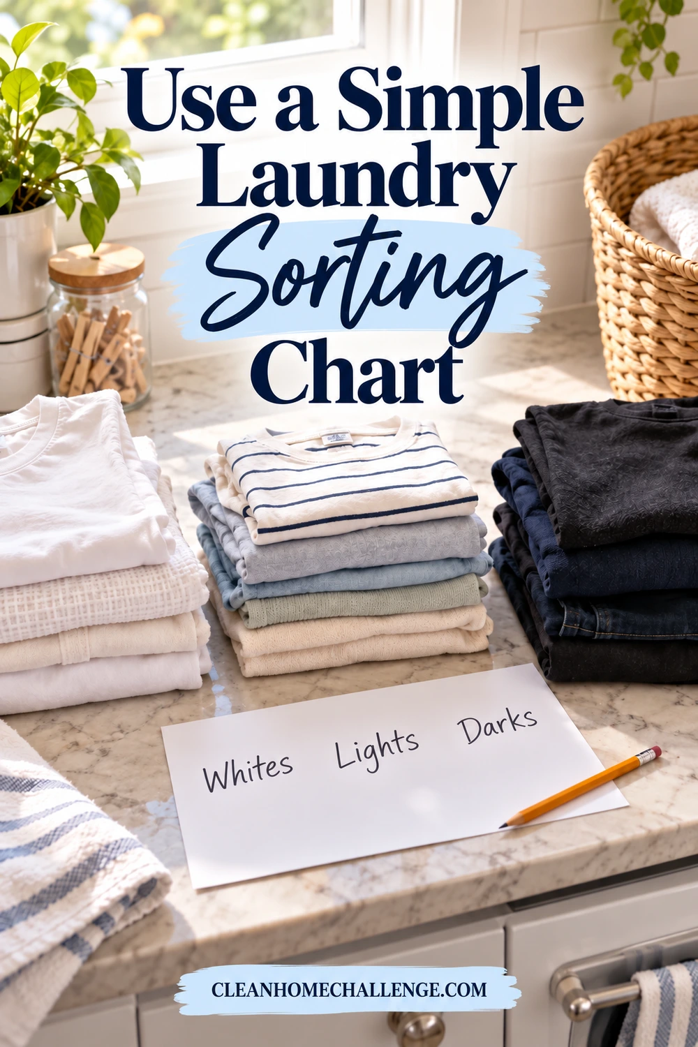 Three stacks of white, light and dark clothing sit behind a paper labeled Whites, Lights and Darks on a laundry counter.