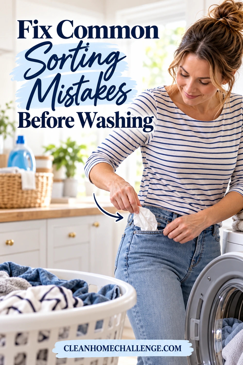 A woman pulls a tissue from her jeans pocket beside an open washer and a laundry basket.