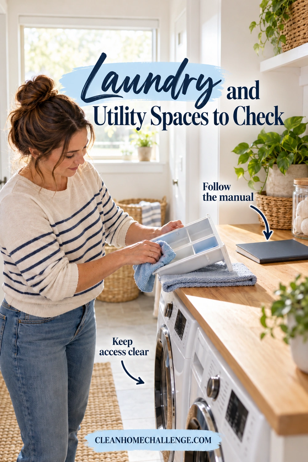A woman wipes a removable detergent drawer on a towel beside idle laundry machines and a clear floor.