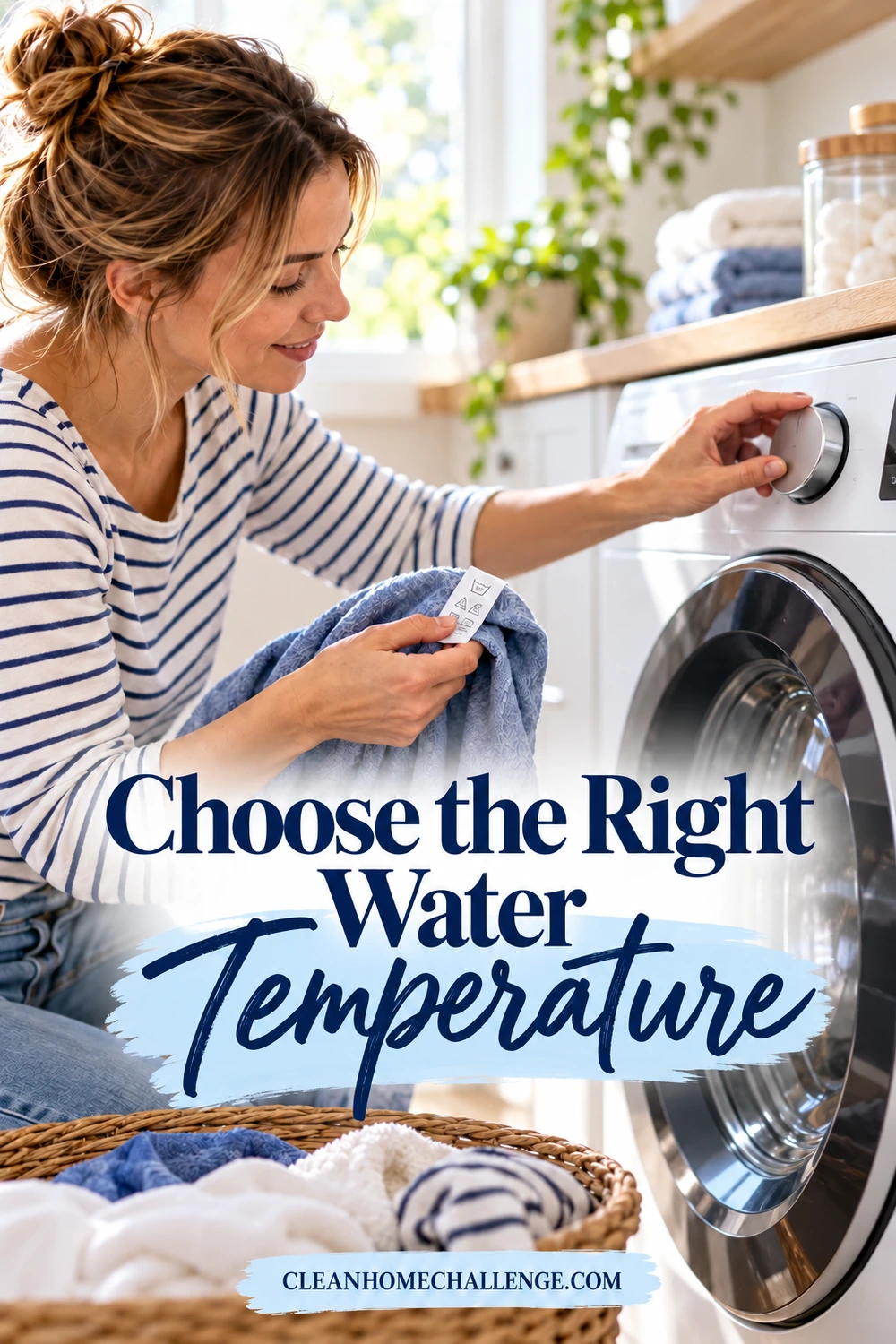 A woman holds a blue garment with its care label visible while selecting a washing-machine dial setting.