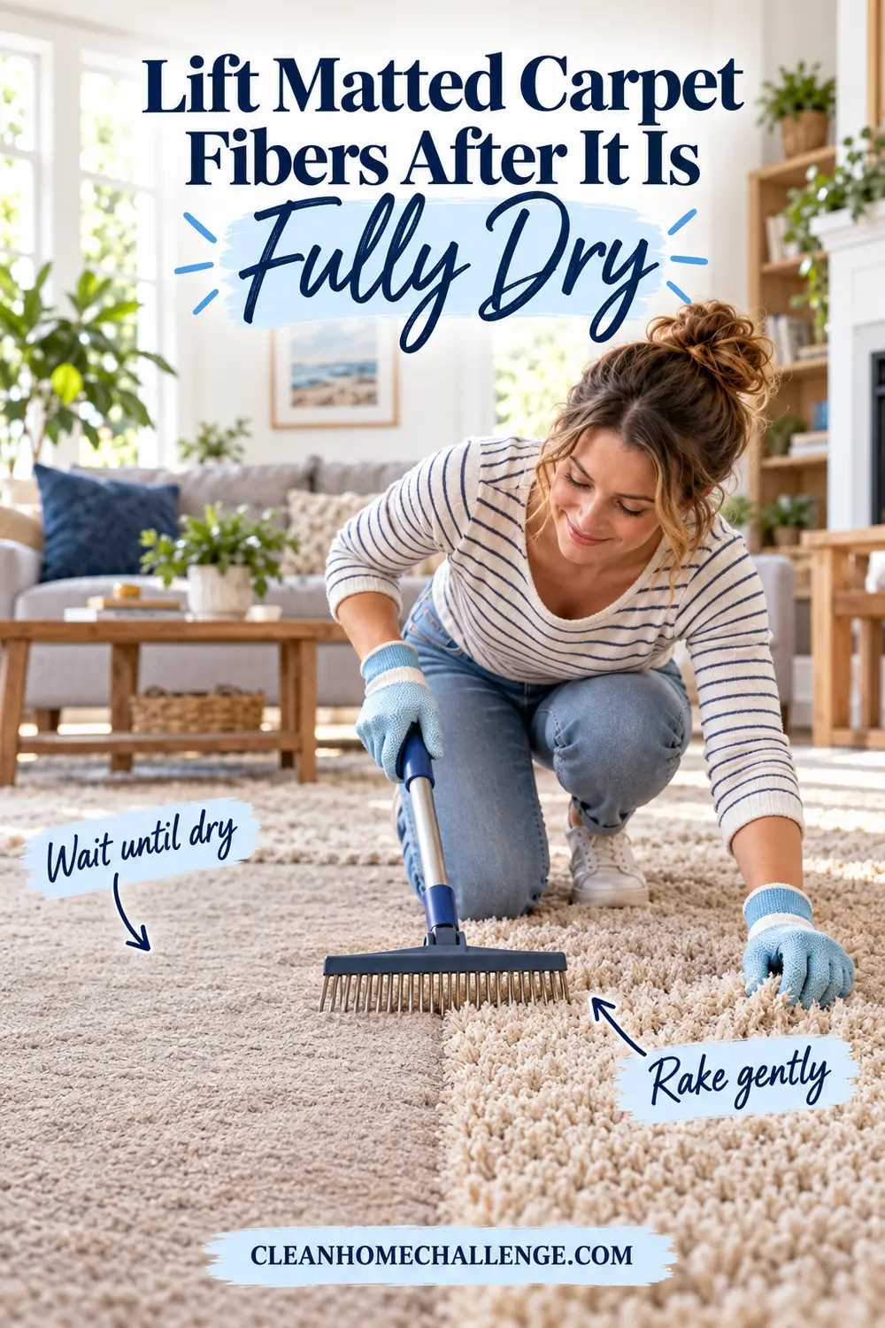 Woman gently grooming fully dry carpet with a carpet rake beside a visibly lifted section.
