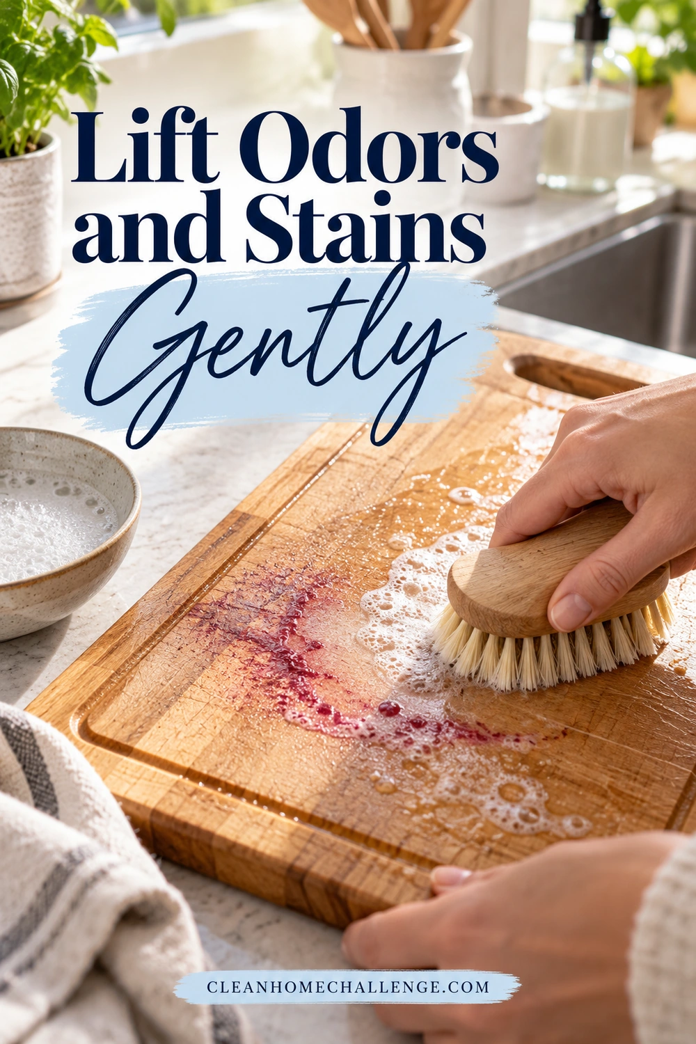 A hand brushes soap suds across a wooden cutting board with a red food stain beside a bowl of soapy water.