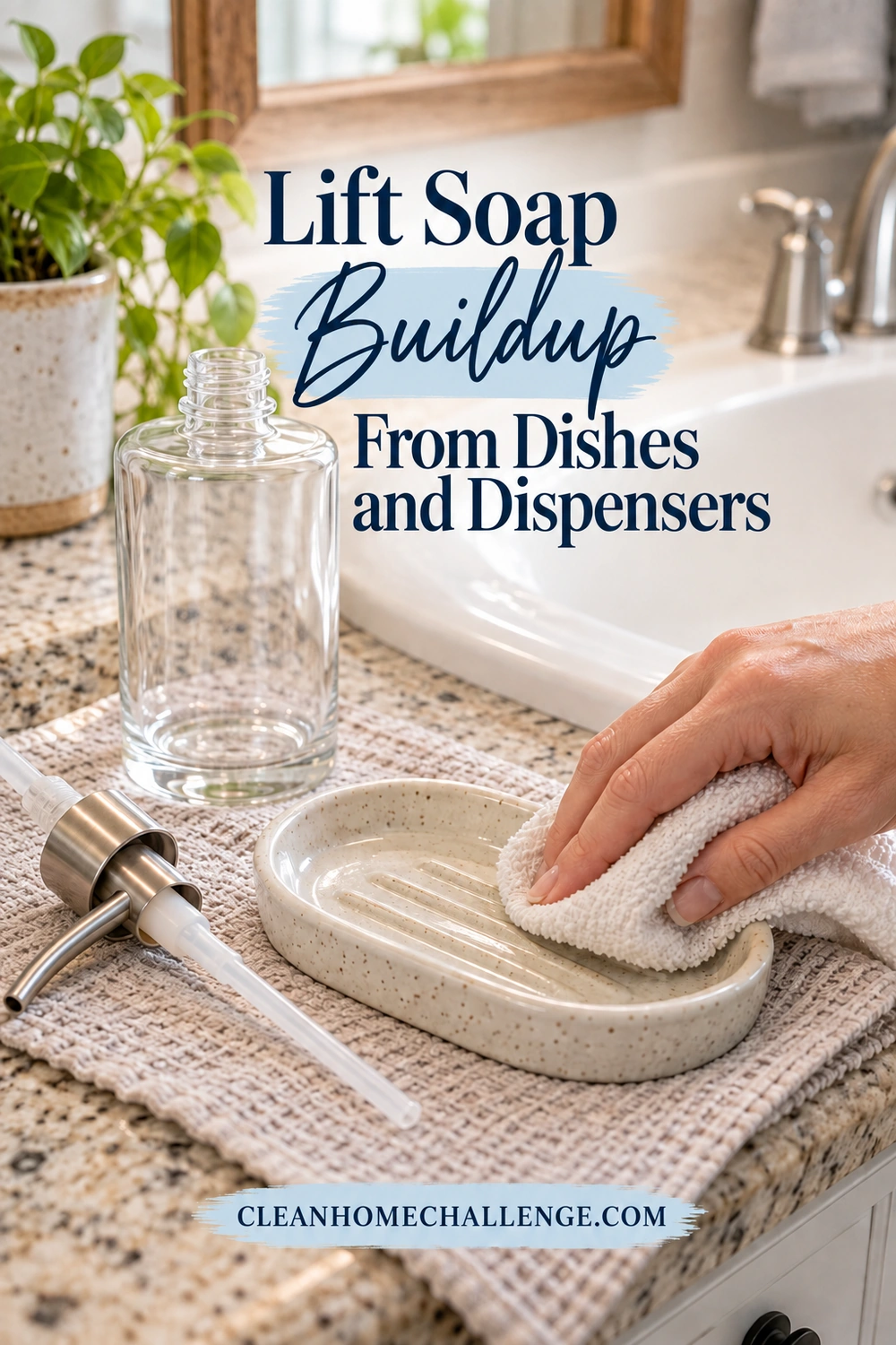 A hand wipes a ridged ceramic soap dish with a cloth beside an empty clear dispenser bottle and detached pump on a towel.