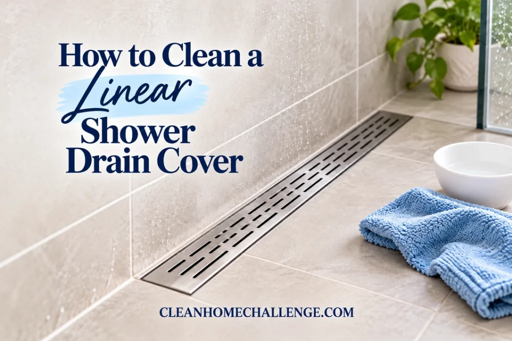 A long stainless steel shower drain grate beside a blue cloth and white bowl on light tile.