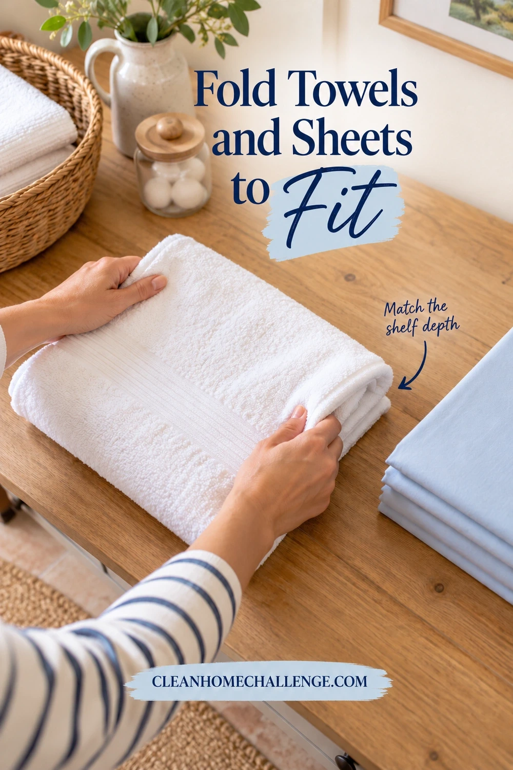 Hands fold a white bath towel on a wooden table beside a stack of pale-blue sheets, with another white towel in a woven basket.