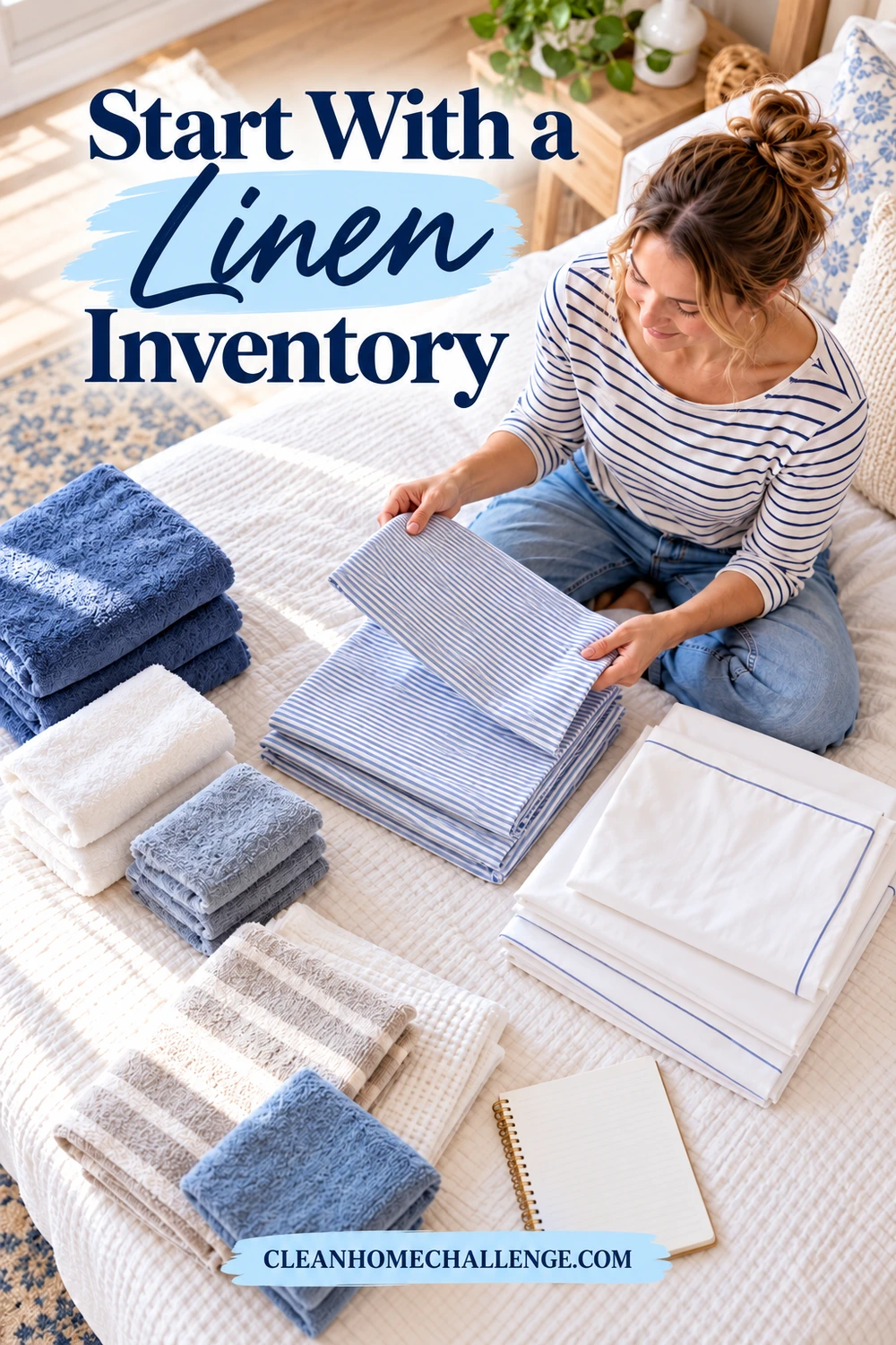 A woman sorts striped sheets and blue, white, and gray towels on a bed, with an open notebook beside the linen groups.