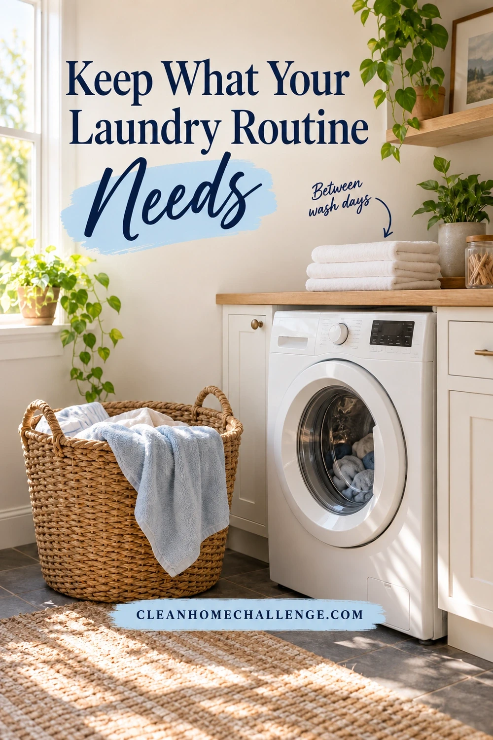 A woven laundry basket with a blue towel stands beside a white front-loading washer; three folded white towels rest on the wooden counter.