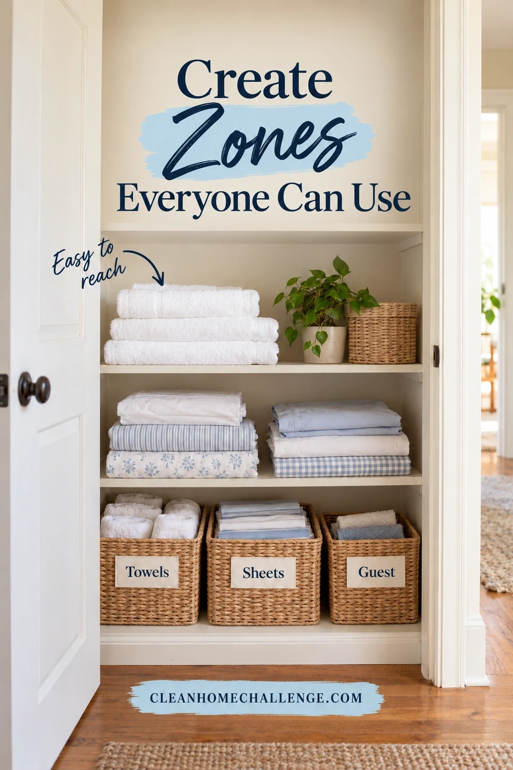 Open white linen-cupboard shelves hold folded towels and bedding above three woven baskets labeled Towels, Sheets, and Guest.