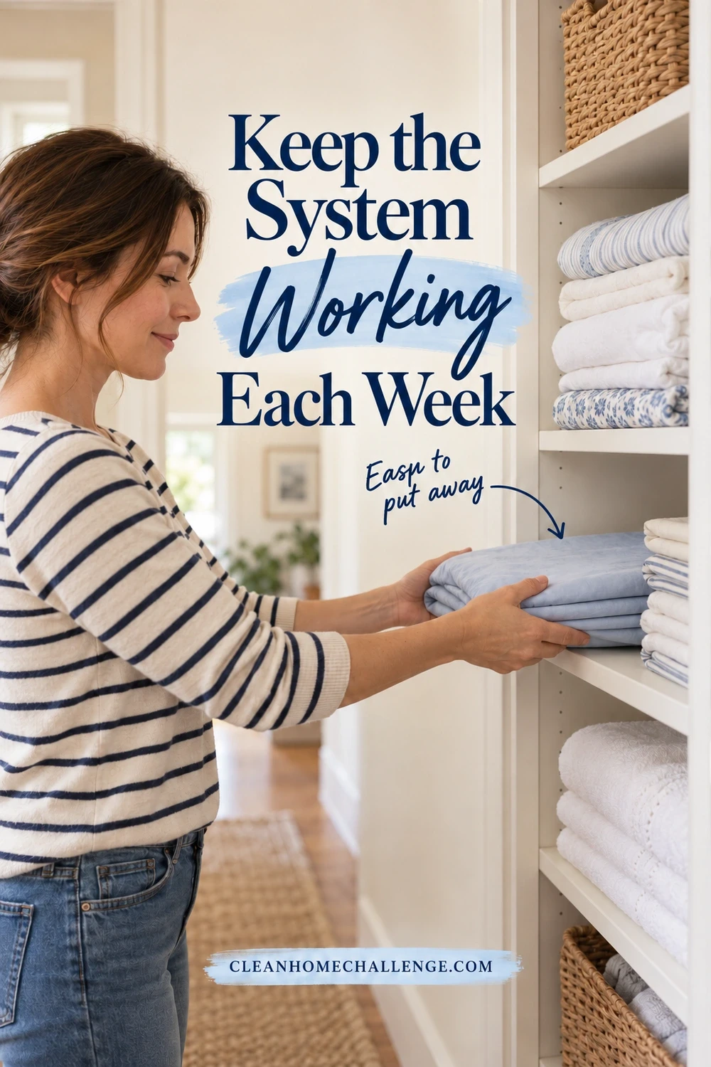 A woman in a striped shirt uses both hands to slide a folded pale-blue sheet bundle onto a reachable white cupboard shelf beside other linens.