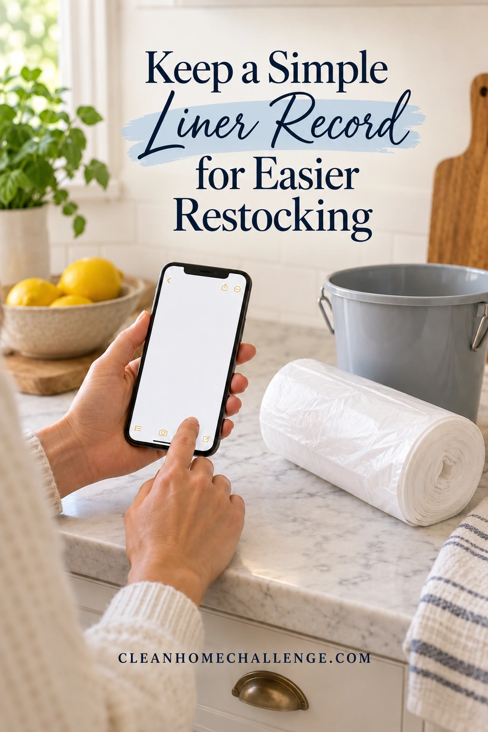 Hands holding a smartphone with a blank note beside a roll of white liners and a gray bucket on a kitchen counter.