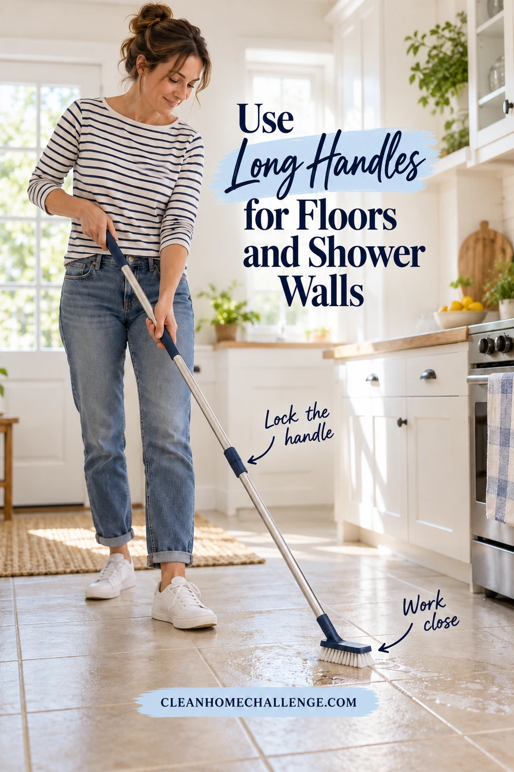 Woman stands on dry kitchen tile and guides a long-handled grout brush over a small floor section close to her feet.
