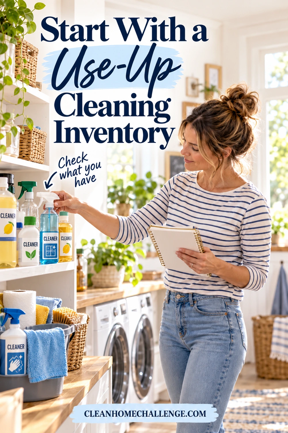 A woman checks labeled existing cleaning bottles on a laundry shelf while holding a notebook.