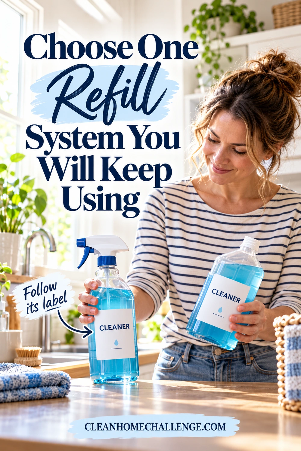 A woman compares a labeled refill bottle and matching spray bottle on a bright laundry counter.