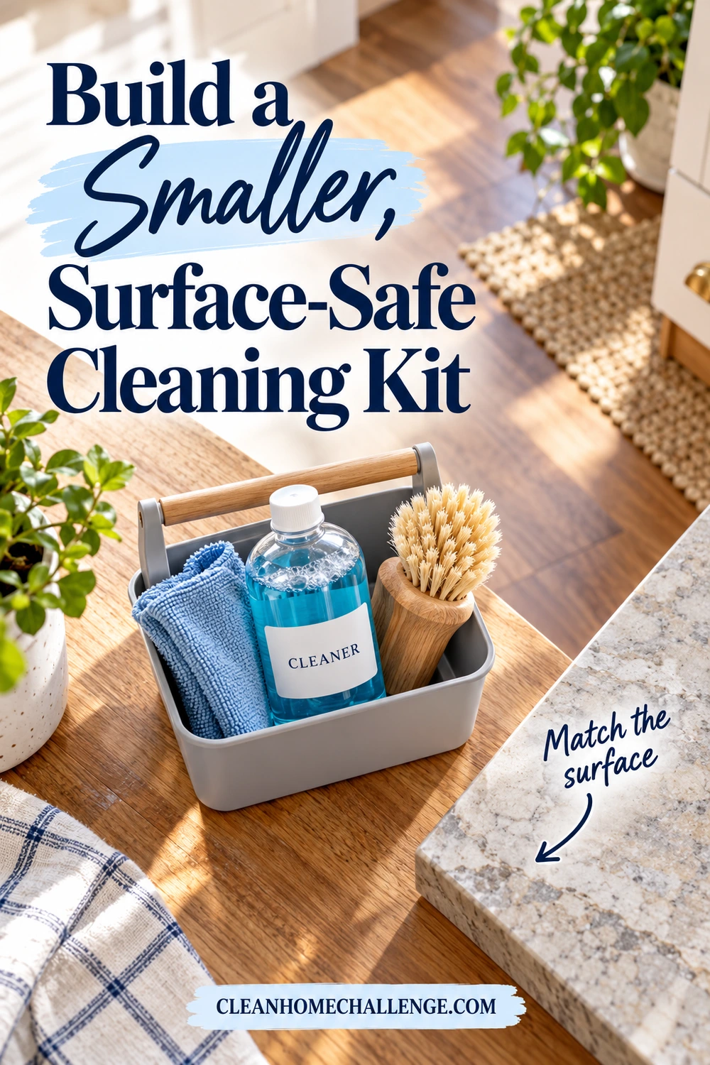 A small cleaning caddy with a cloth, brush, and labeled bottle sits beside wood and stone surfaces.