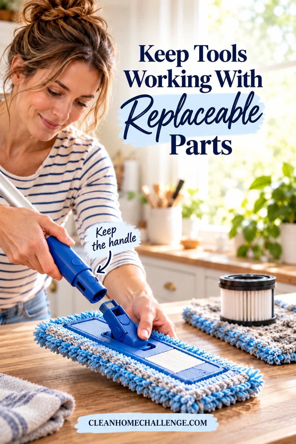 A woman reconnects a replaceable flat-mop head to its handle beside a filter and washable pad.