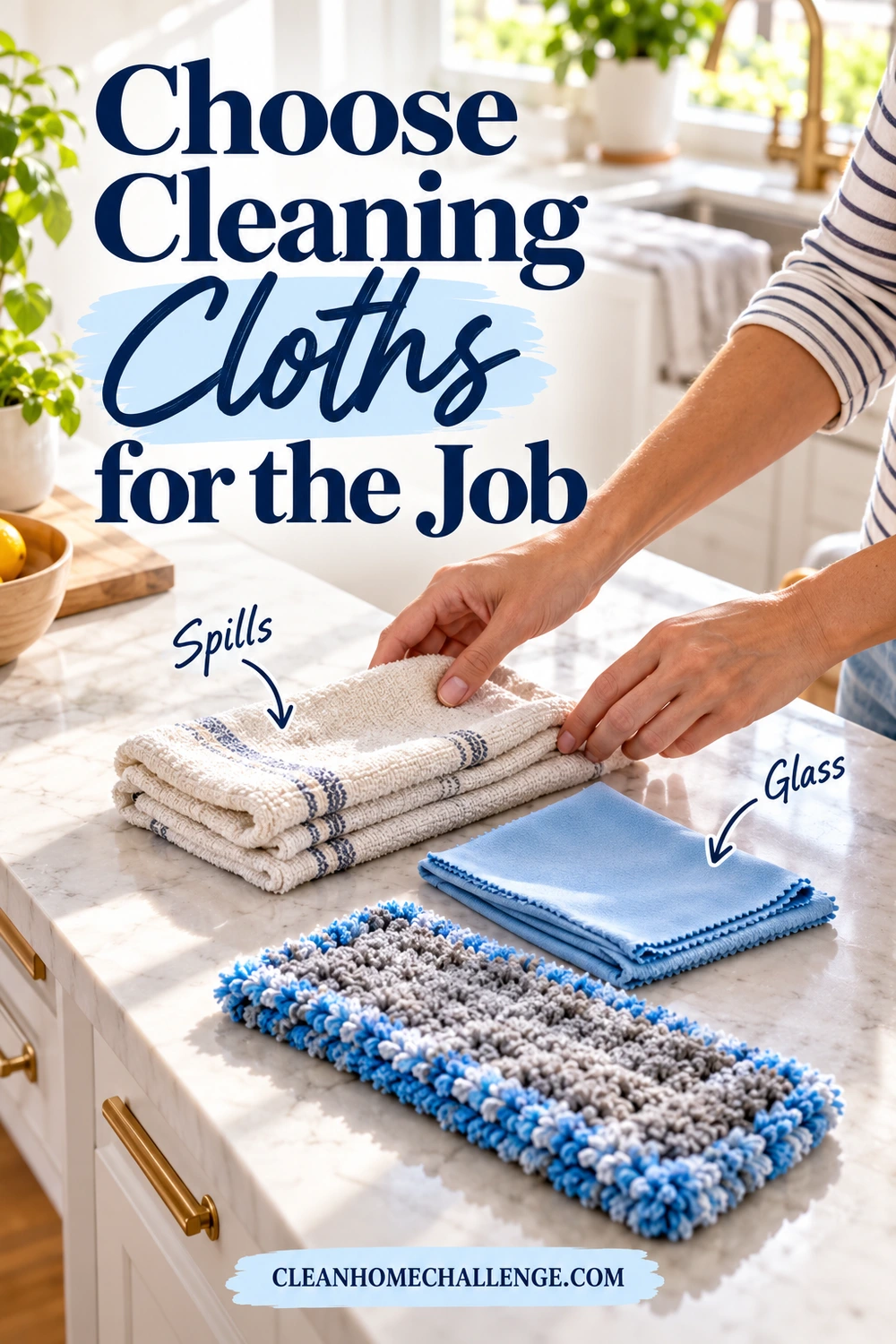 Hands choose among cotton cloths, a smooth blue glass cloth, and a thicker washable mop pad.