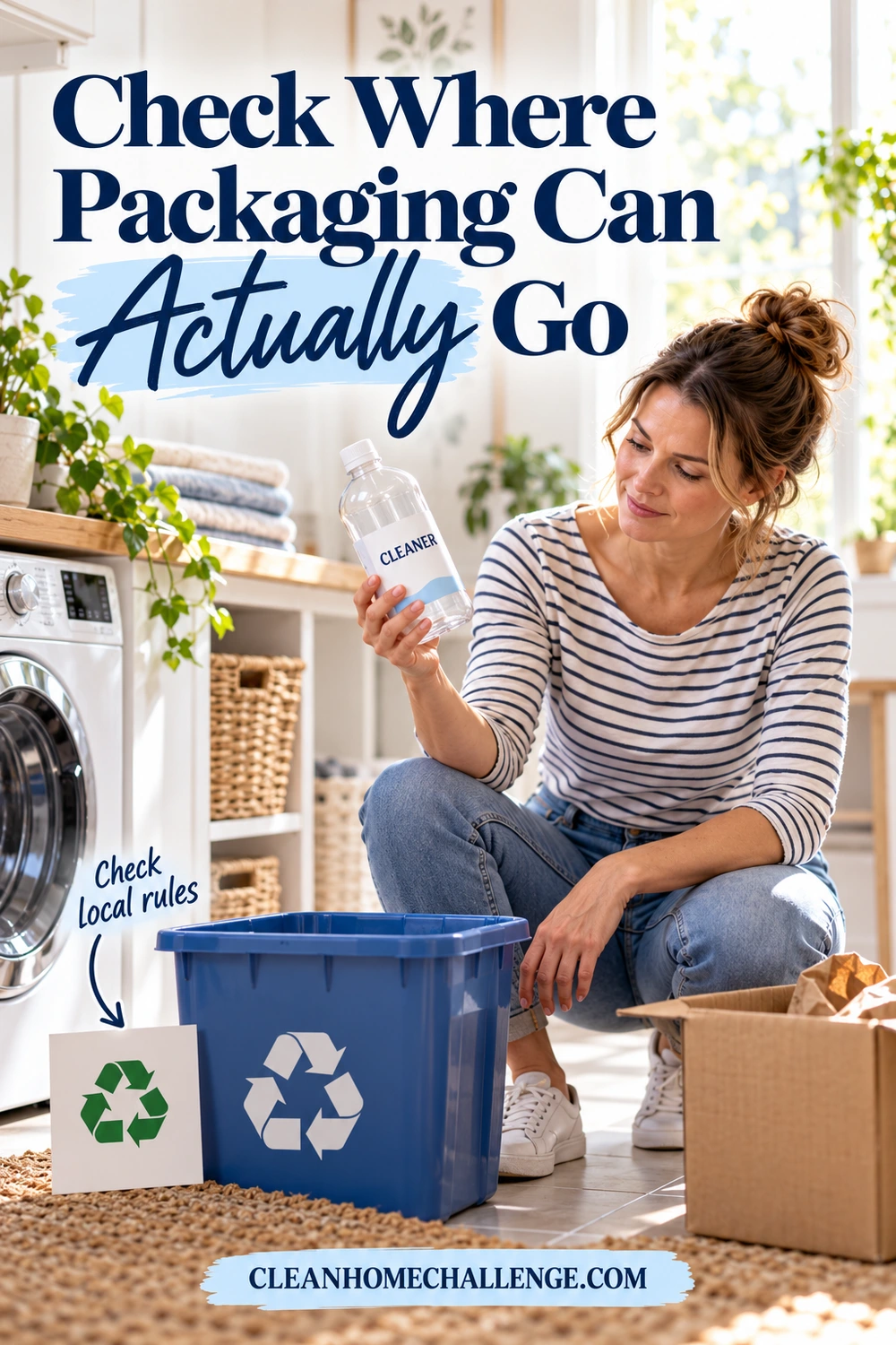 A woman examines an empty cleaner bottle beside a recycling bin, a cardboard box, and a recycling-symbol card.